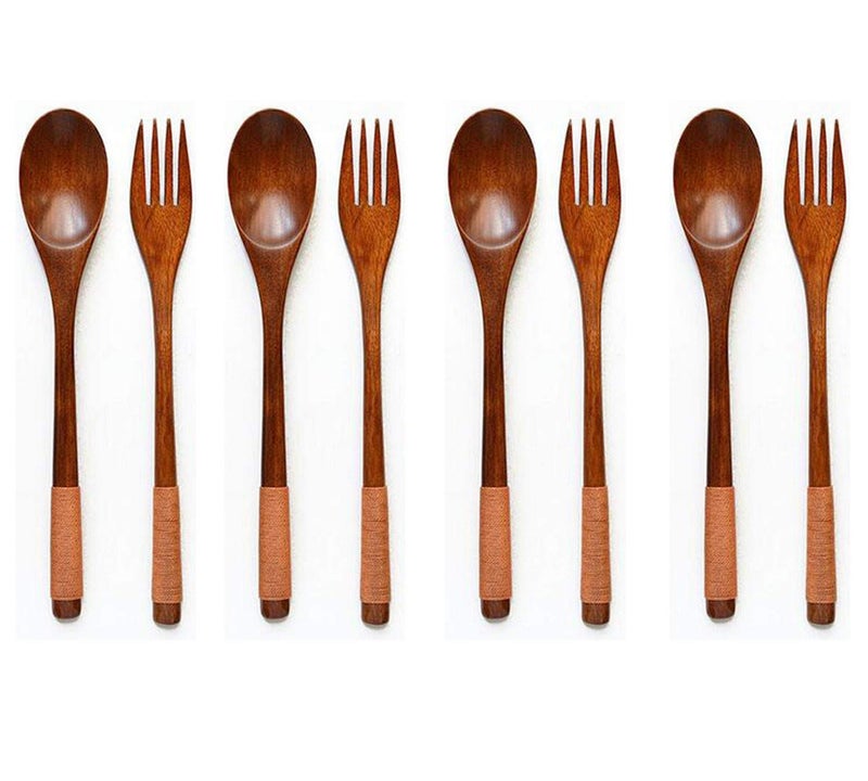 XMHF Wooden 9 inch Japanese Spoon Fork Set Kitchen Tableware Dinnerware Flatware Natural Wood Cutlery Wooden Dinner Utensil Set, 3 Spoons and 3 Forks (Brown Tied Line) - Image 1